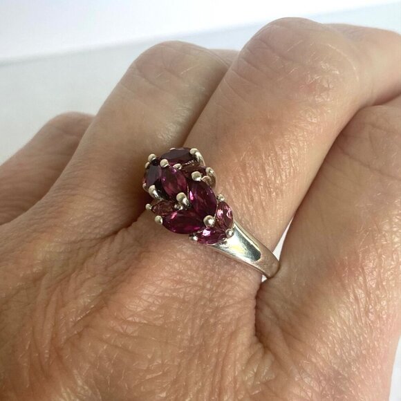 Sterling Silver 925 S&G Prong Set Garnet Marquise Cluster Cocktail Ring Sz 7.75 - Picture 2 of 16